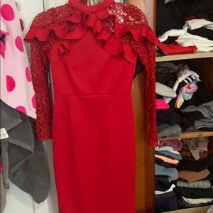 Red knee length dress with sleeves